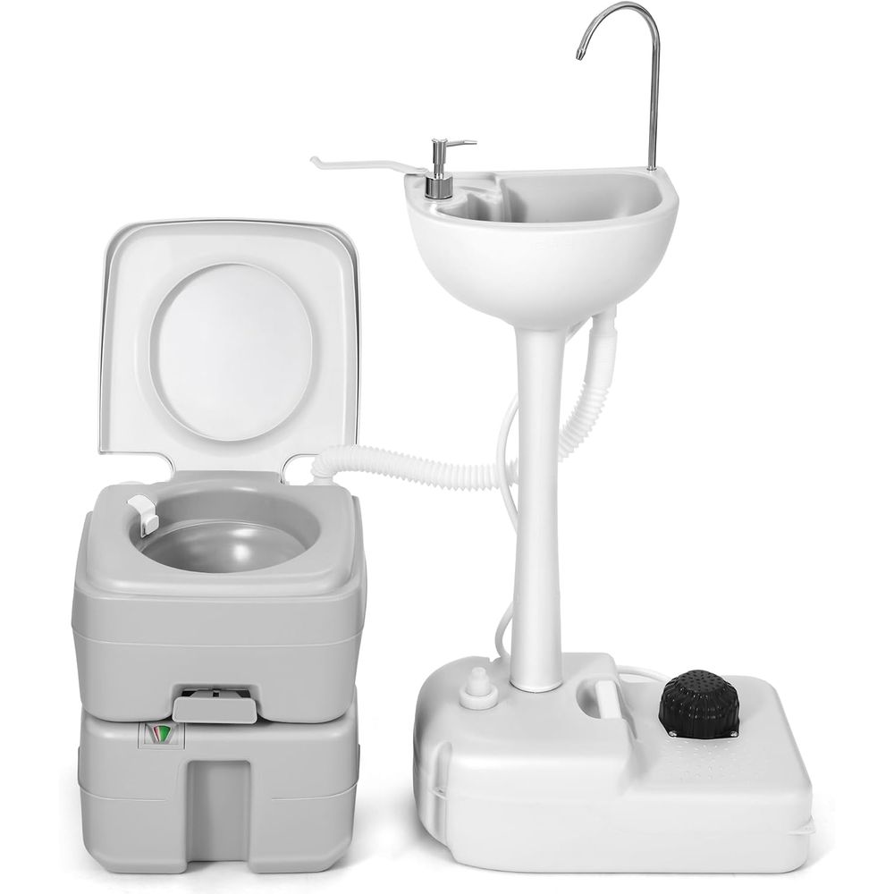 Camping - 17L携帯用洗面器（手洗い用）と5.28ガロン携帯用トイレ、レベルインジケーターと回転式注水口付きRVキャンプ用トイレ
